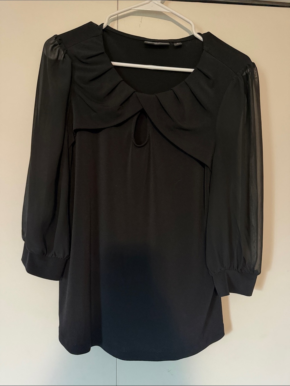 Black Pleated-Collar Blouse with Sheer Puff Sleeves
